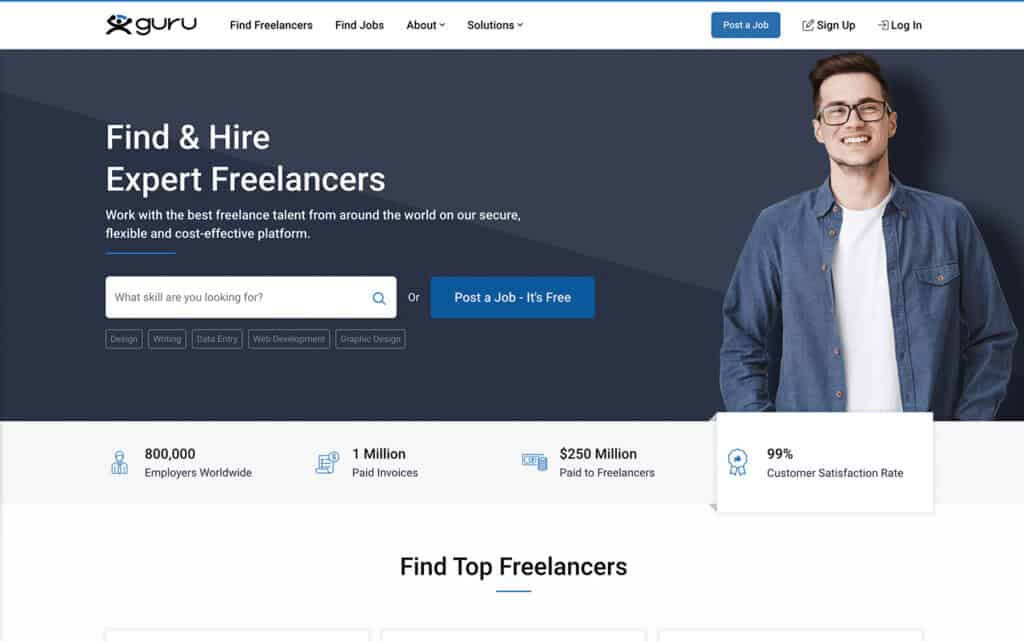 Homepage di Guru con opzioni di ricerca per assumere freelance in vari settori come design e scrittura