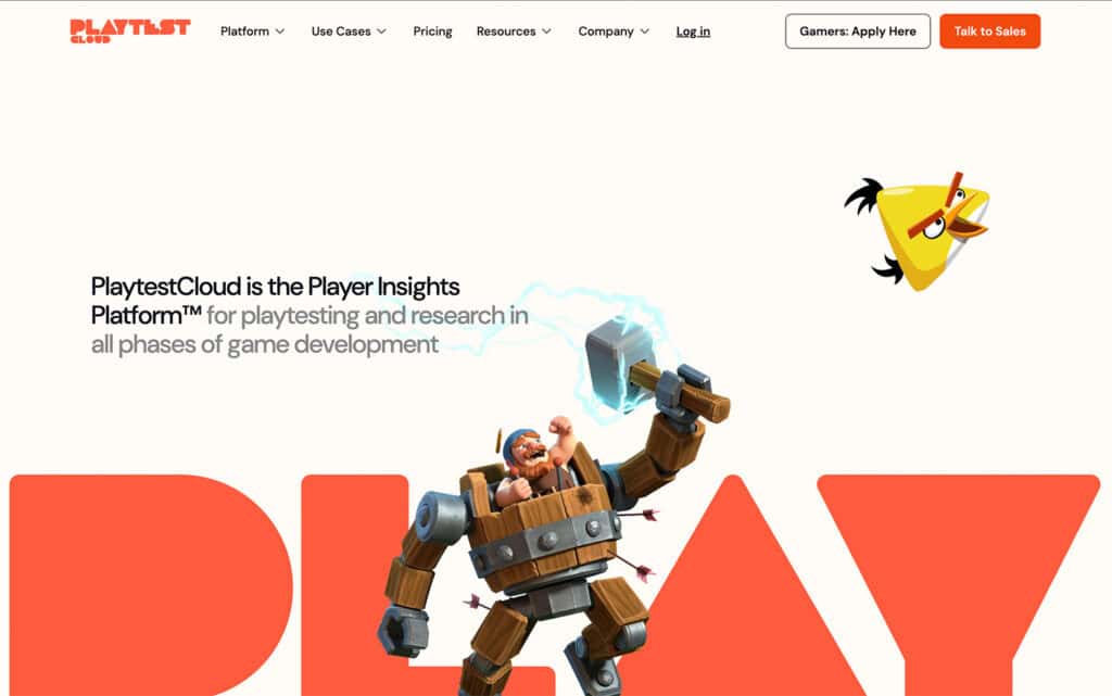 Homepage di PlaytestCloud che offre test di giochi e informazioni sui giocatori per gli sviluppatori di giochi