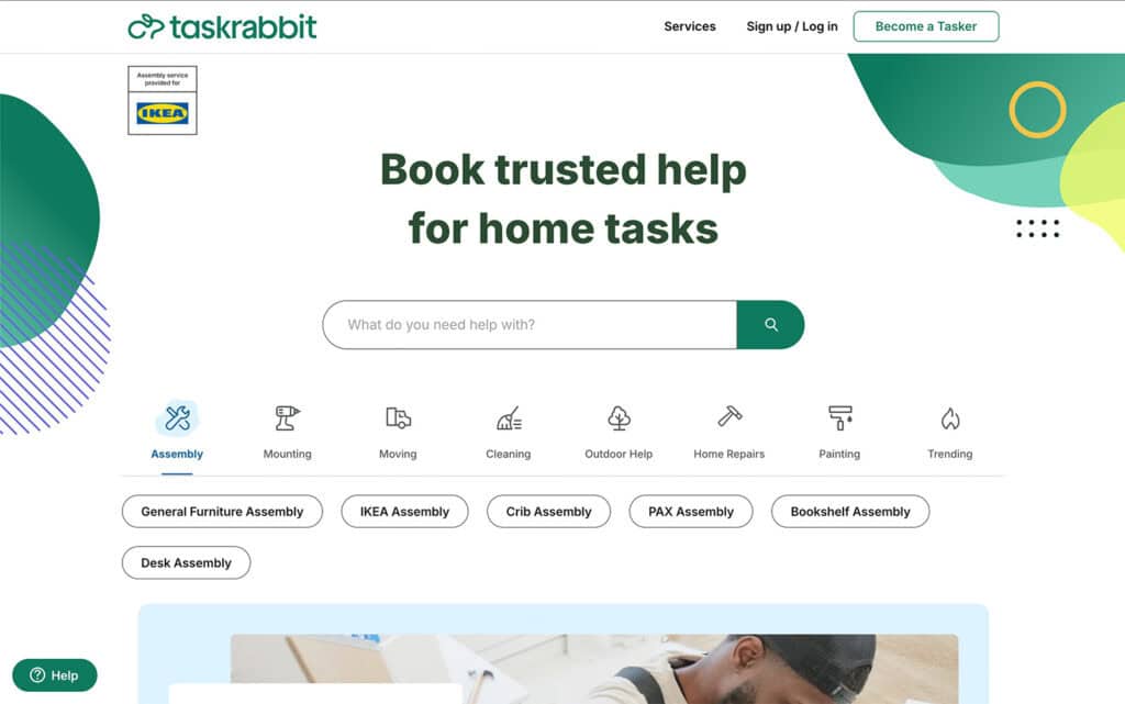 Homepage di TaskRabbit che mostra vari servizi per la casa, come il montaggio di mobili e le pulizie