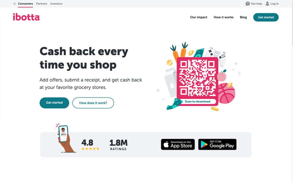 Homepage di Ibotta che offre ricompense cashback per la spesa dopo aver inviato le ricevute