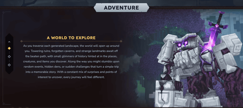 La sezione &ldquo;Avventura&rdquo; nella pagina &ldquo;Gioco&rdquo; del sito web di Hytale