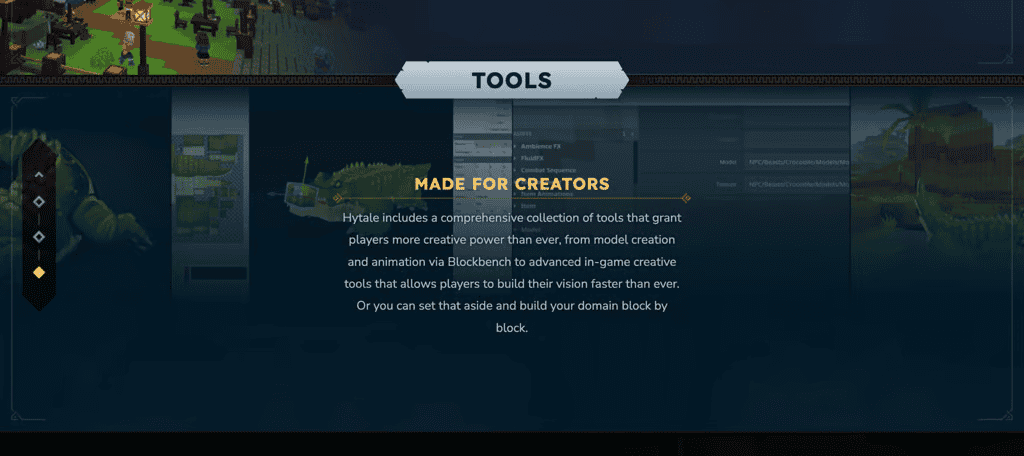 La sezione &ldquo;Strumenti&rdquo; nella pagina &ldquo;Gioco&rdquo; del sito web di Hytale