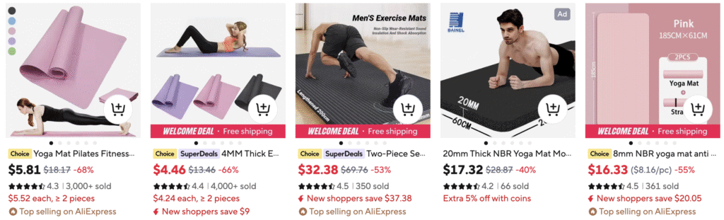 Risultati di ricerca su AliExpress che mostrano inserzioni di tappetini da yoga