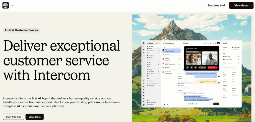 Homepage di Intercom