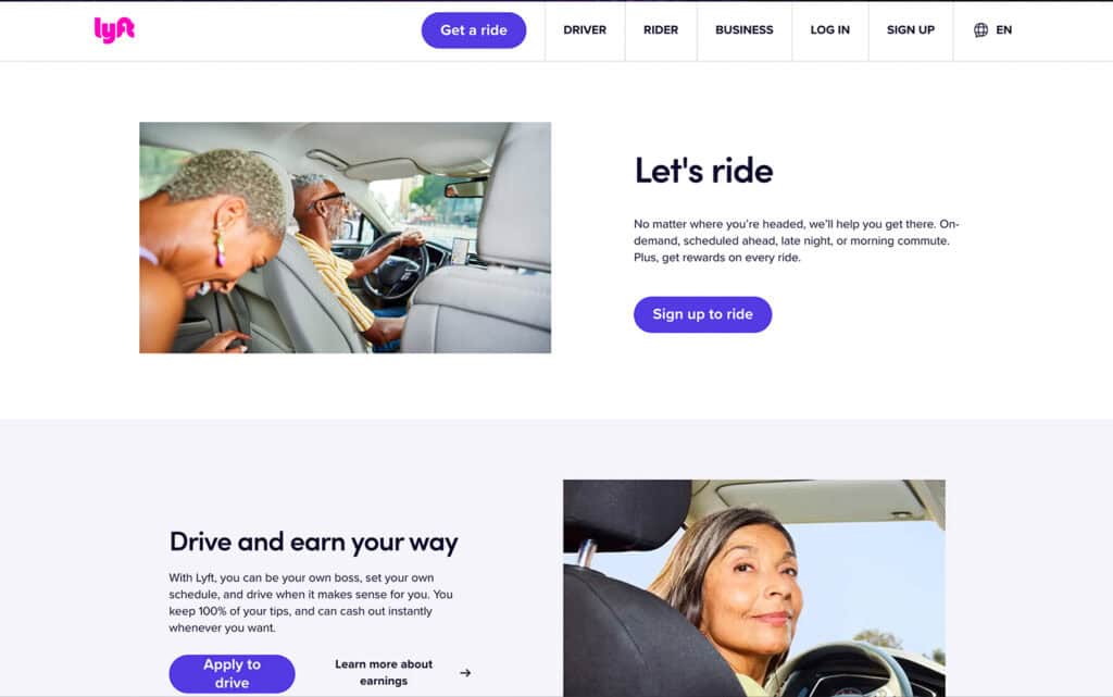 Homepage di Lyft che promuove il ridesharing e le opportunit&agrave; di guidare, inclusi i prelievi istantanei di denaro