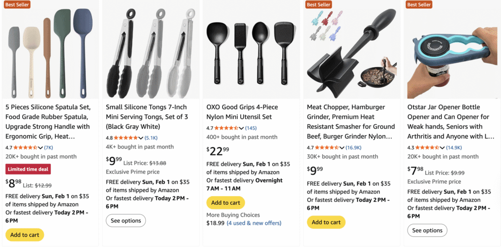 Risultati di ricerca su Amazon che mostrano utensili da cucina popolari