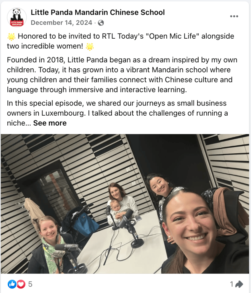 Post di Facebook di Little Panda Education che mostra la partecipazione a un podcast
