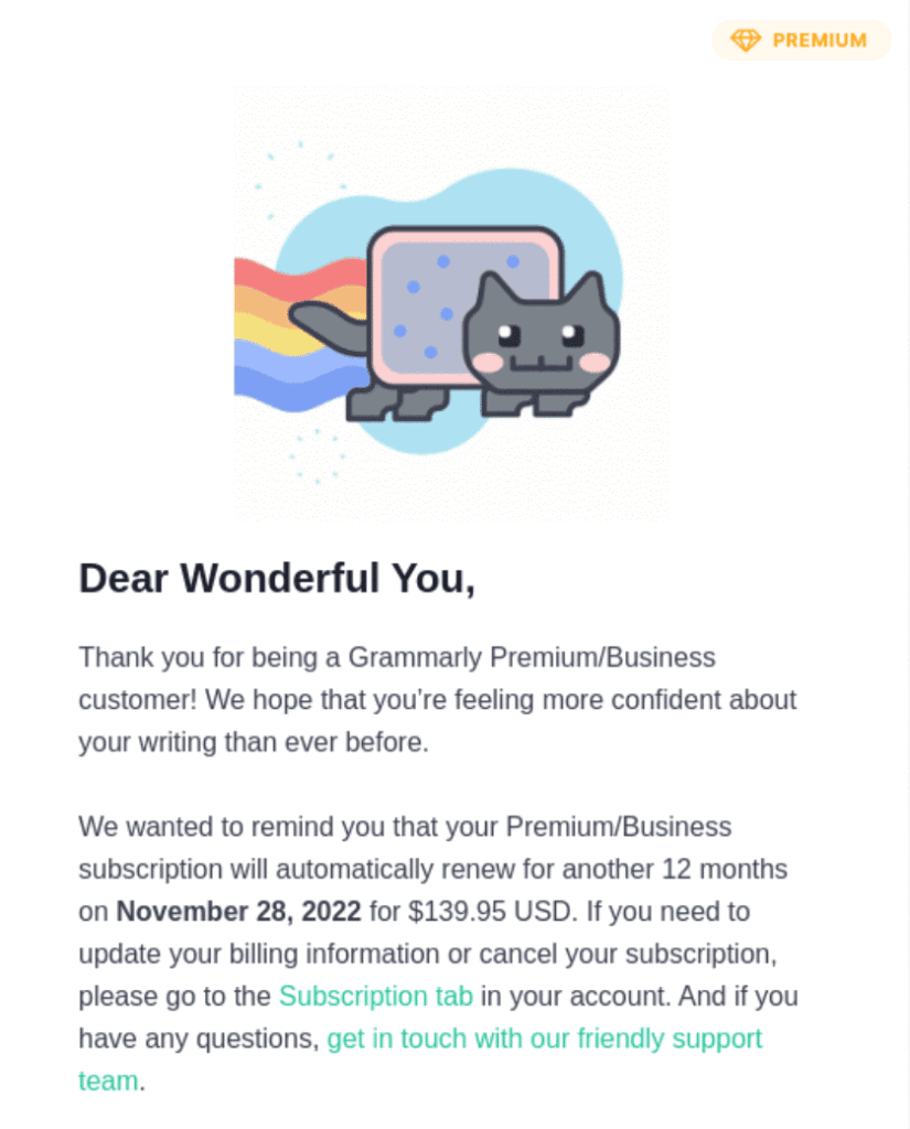 Email di promemoria per il rinnovo di Grammarly