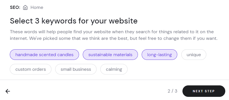 Selezione delle parole chiave per il tuo sito web con lo strumento SEO del website builder di Hostinger.