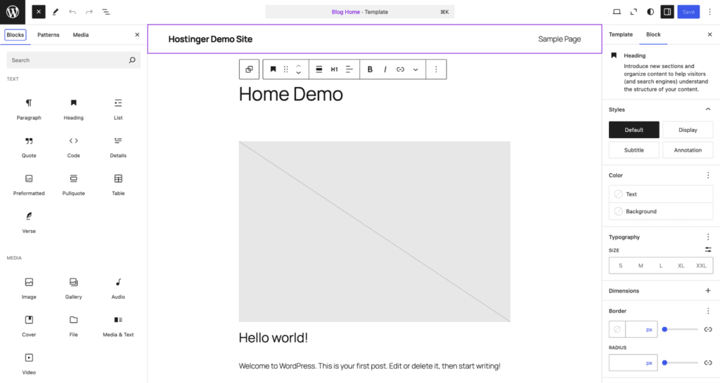Schermata dell&rsquo;interfaccia dell&rsquo;editor del sito di WordPress per modificare la homepage del tuo sito web.