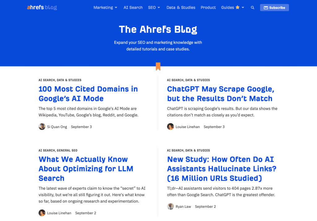 La pagina Blog del sito web di Ahrefs