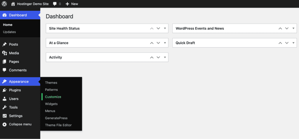Interfaccia del Personalizzatore di WordPress per modificare la home page in un tema classico