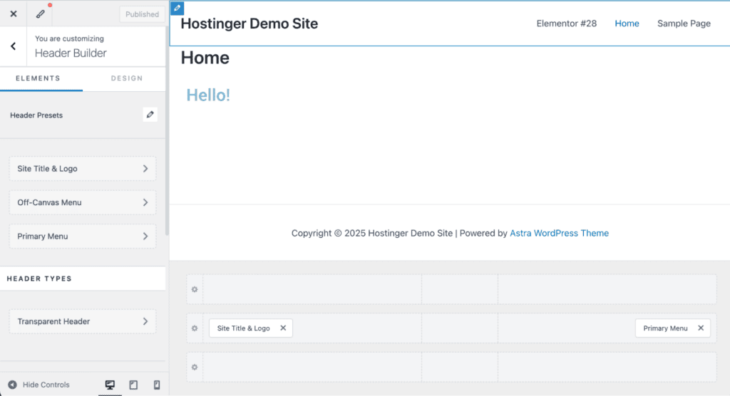 Interfaccia del Personalizza di WordPress con il tema Astra, che mostra i preset dell&rsquo;header e le opzioni per aggiungere elementi personalizzati e widget all&rsquo;header.