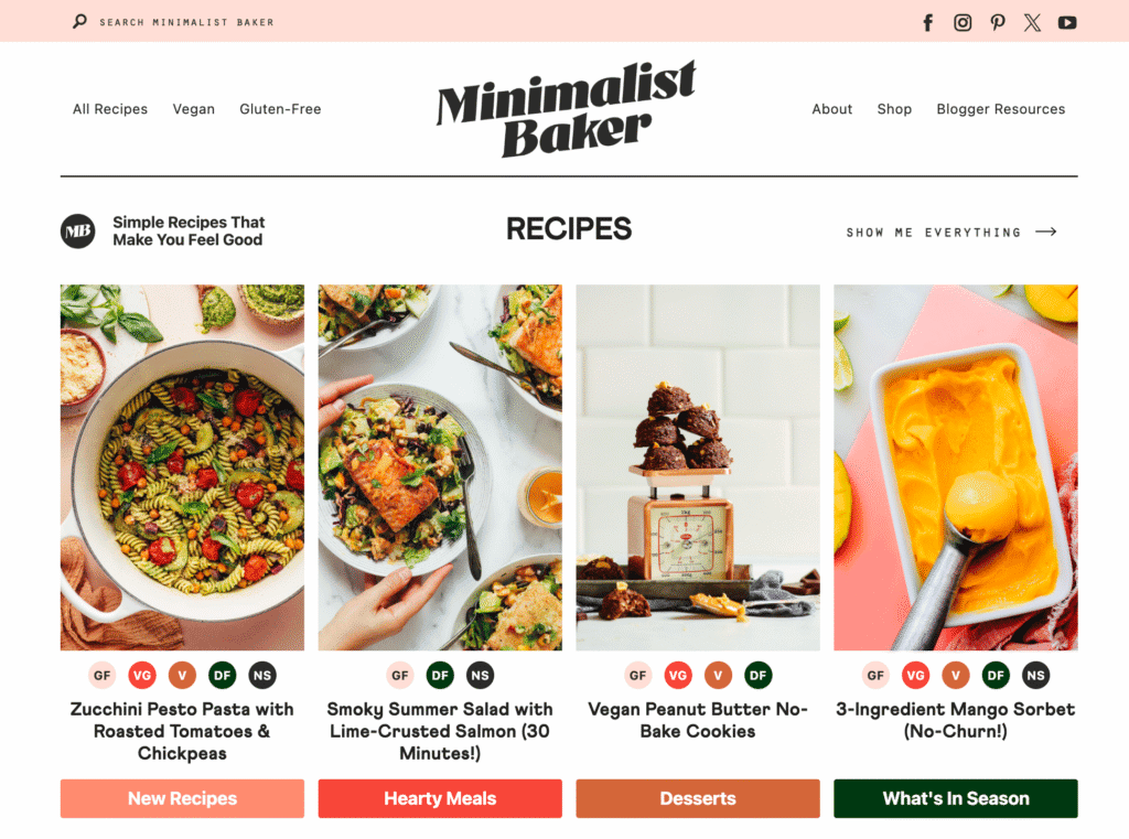 La homepage del sito web di Minimalist Baker