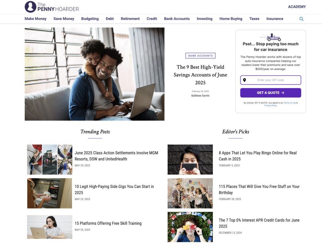 La home page del blog The Penny Hoarder