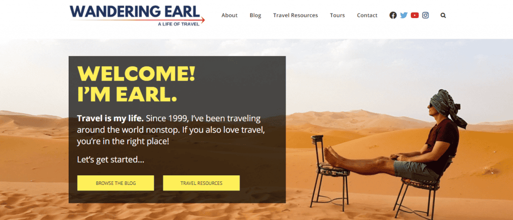 La homepage del sito web The Wandering Earl.