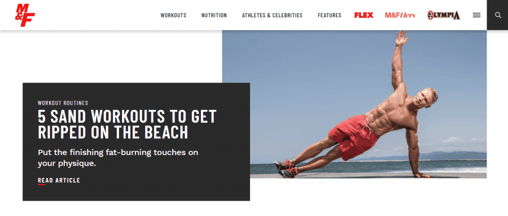 La homepage del sito web Muscle and Fitness.