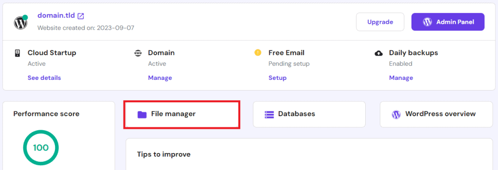 Pulsante di accesso al File manager nella dashboard di hPanel di Hostinger.