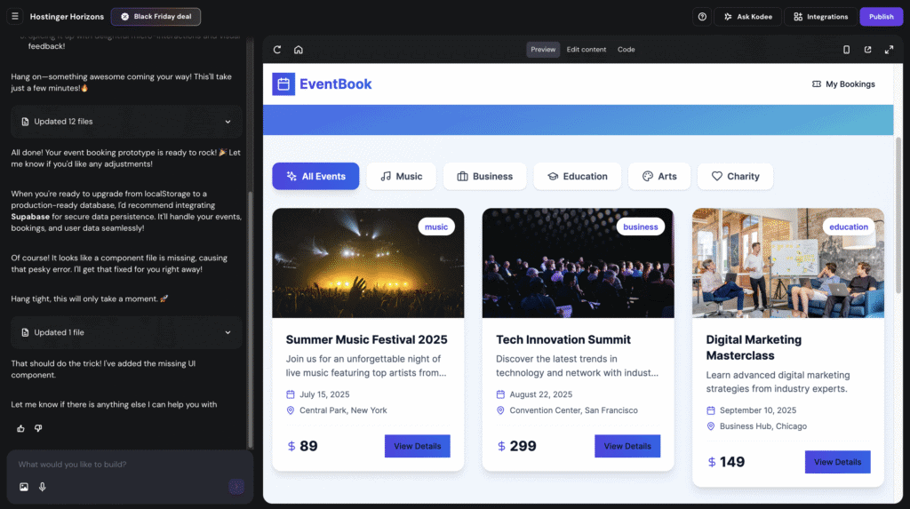 L&rsquo;interfaccia dell&rsquo;editor di app web di Hostinger Horizons