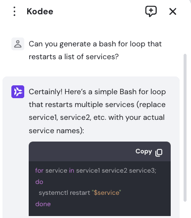 Kodee genera uno script bash con un ciclo for in base alla richiesta di un utente