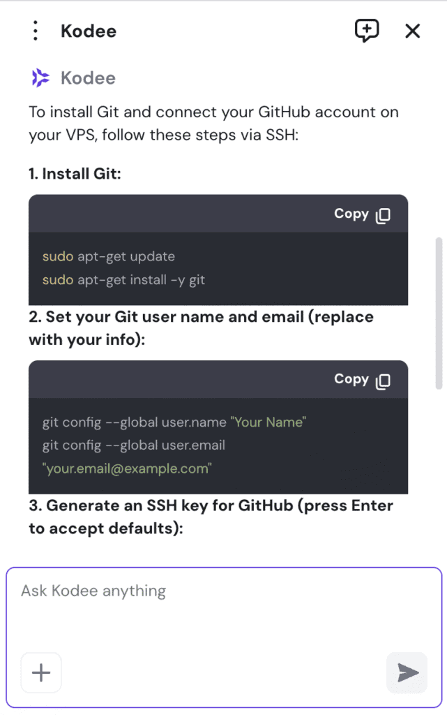 L’assistente AI Kodee VPS scrive comandi per installare e configurare Git su Ubuntu
