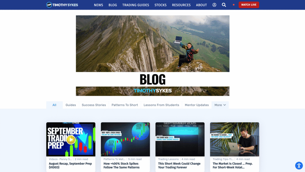 La pagina Blog del sito web di Timothy Sykes