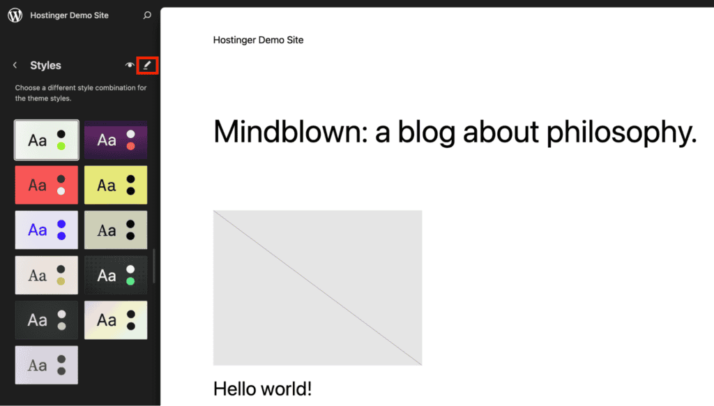 Fai click sull&rsquo;icona Modifica stili nell&rsquo;editor del sito di WordPress per visualizzare in anteprima e scegliere schemi di colori e preset