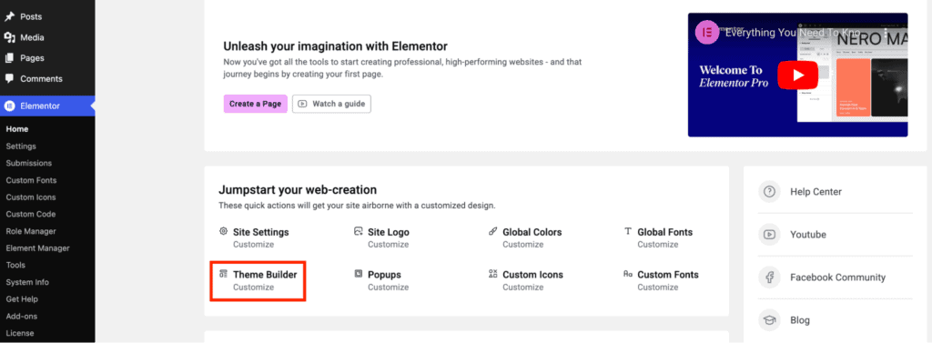 Come accedere al Theme Builder di Elementor