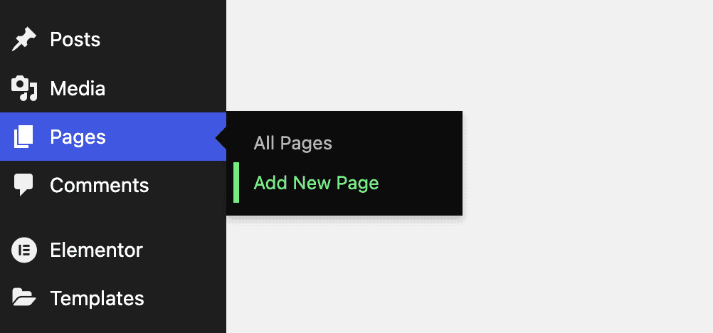 Bacheca di WordPress che mostra come creare una nuova pagina