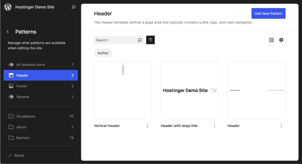 Editor del sito di WordPress che mostra i design di header disponibili nella sezione Header del menu Pattern
