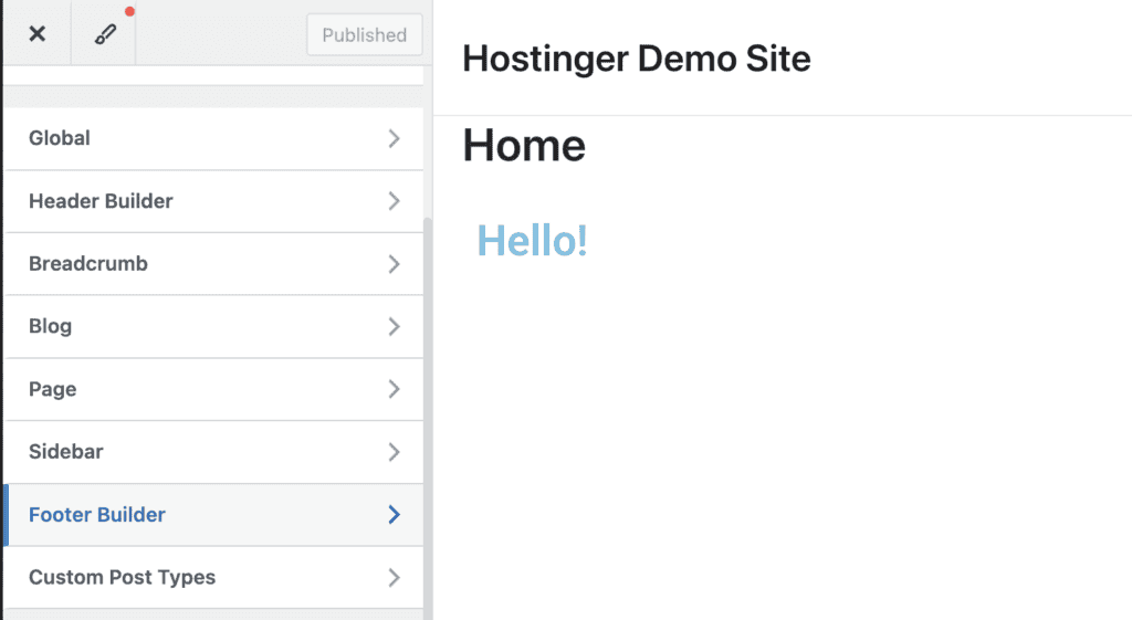Personalizzatore di WordPress con il tema Astra, che mostra l&rsquo;opzione Footer Builder nel menu principale per accedere alle impostazioni di personalizzazione del footer