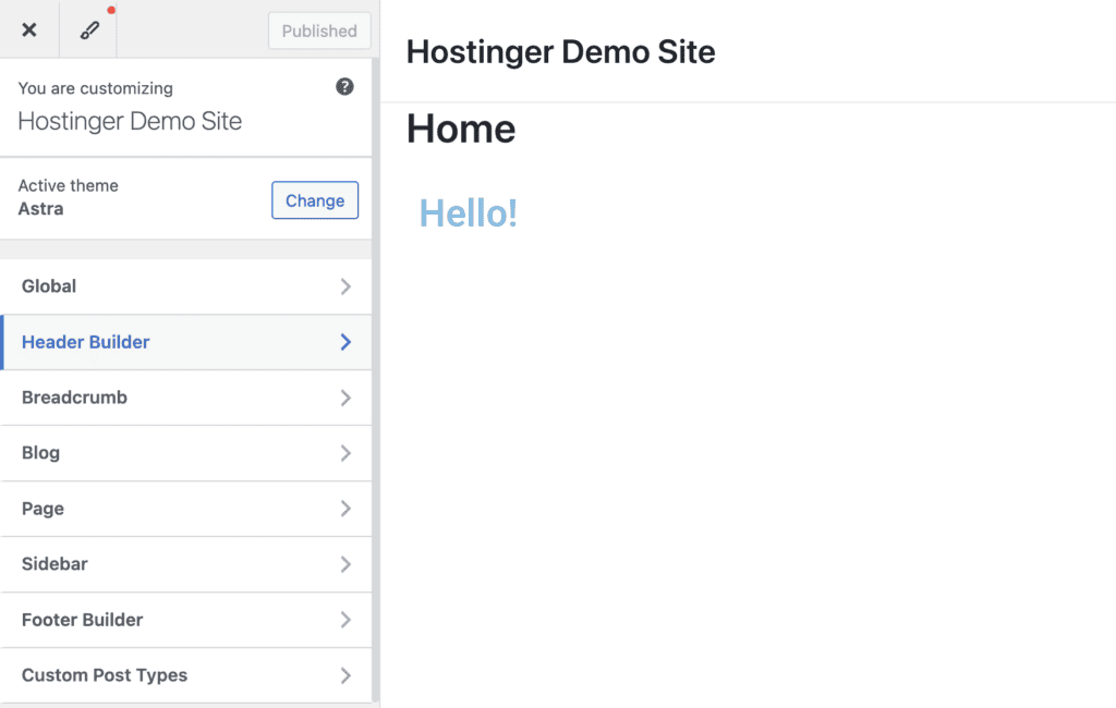 Il Customizer di WordPress che mostra il builder dell&rsquo;header nella barra laterale sinistra