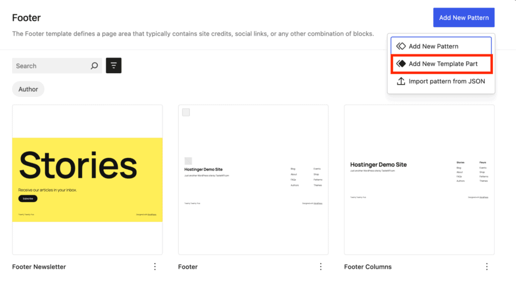 Opzione &ldquo;Aggiungi nuova parte del template&rdquo; evidenziata nell&rsquo;editor del sito di WordPress per creare design personalizzati dell&rsquo;header o del footer