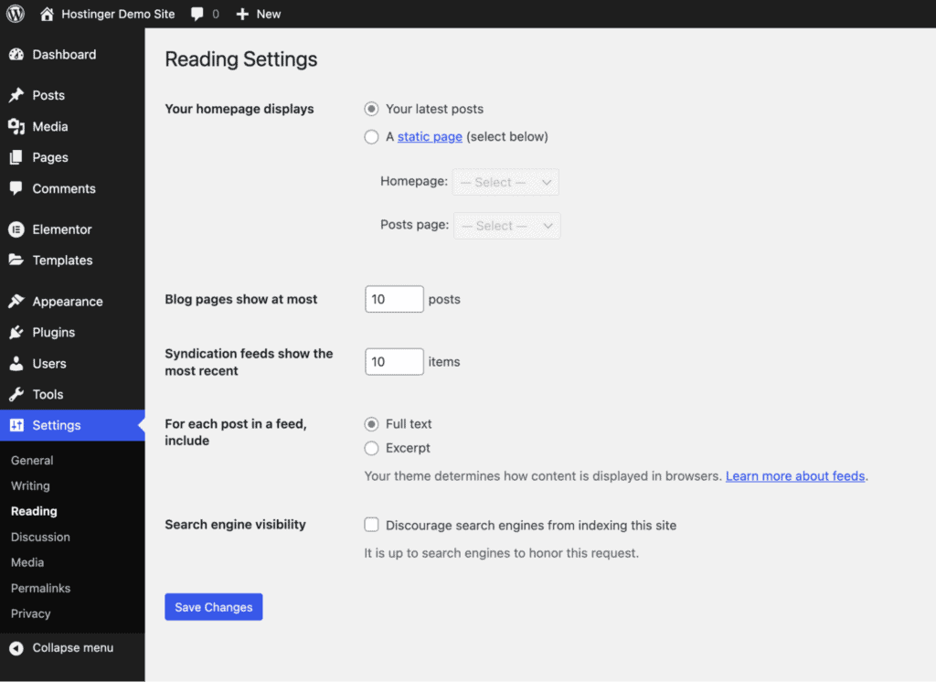 Bacheca di WordPress che mostra come impostare la home page