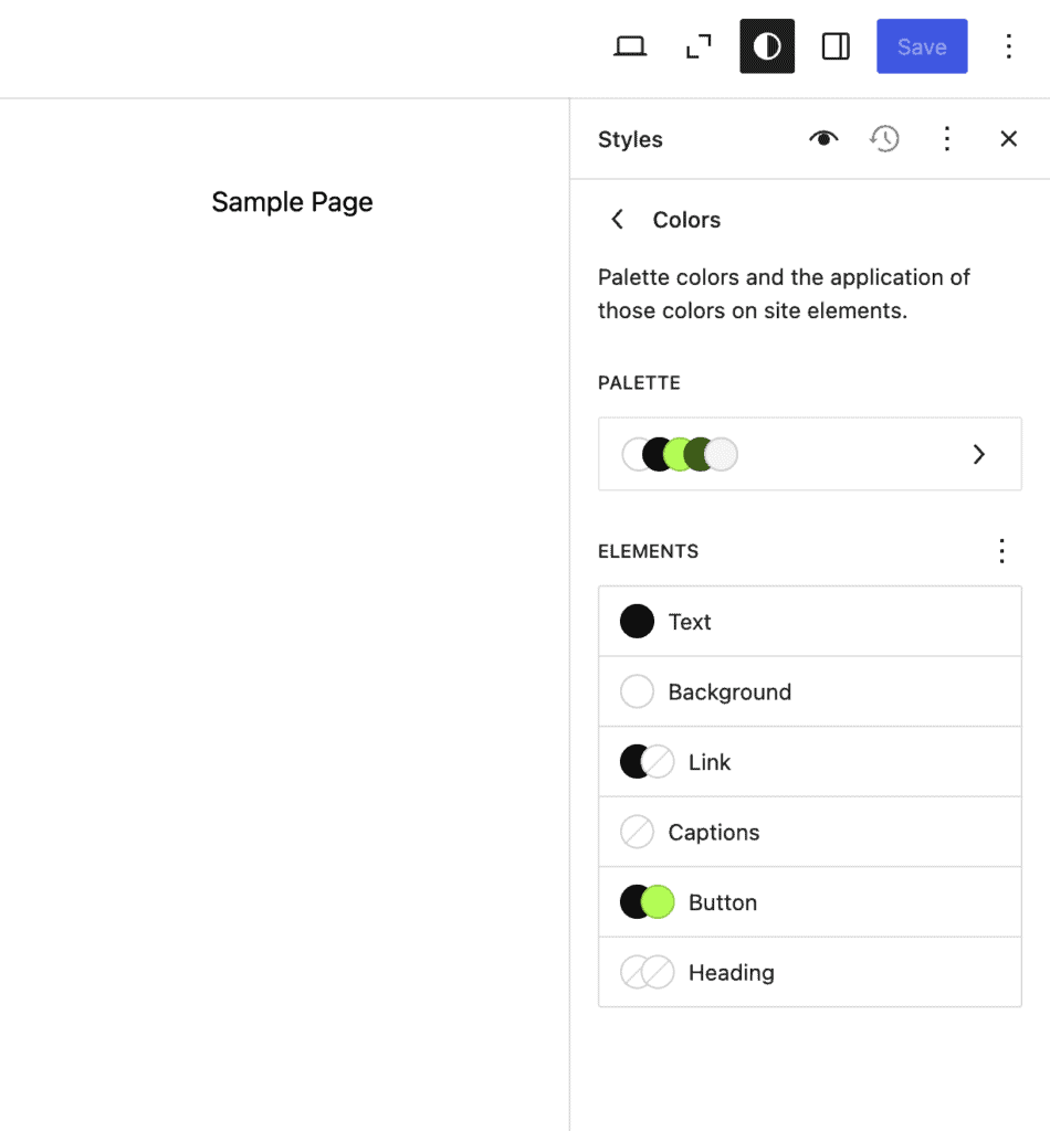 Opzioni di personalizzazione dei colori nell&rsquo;editor del sito di WordPress