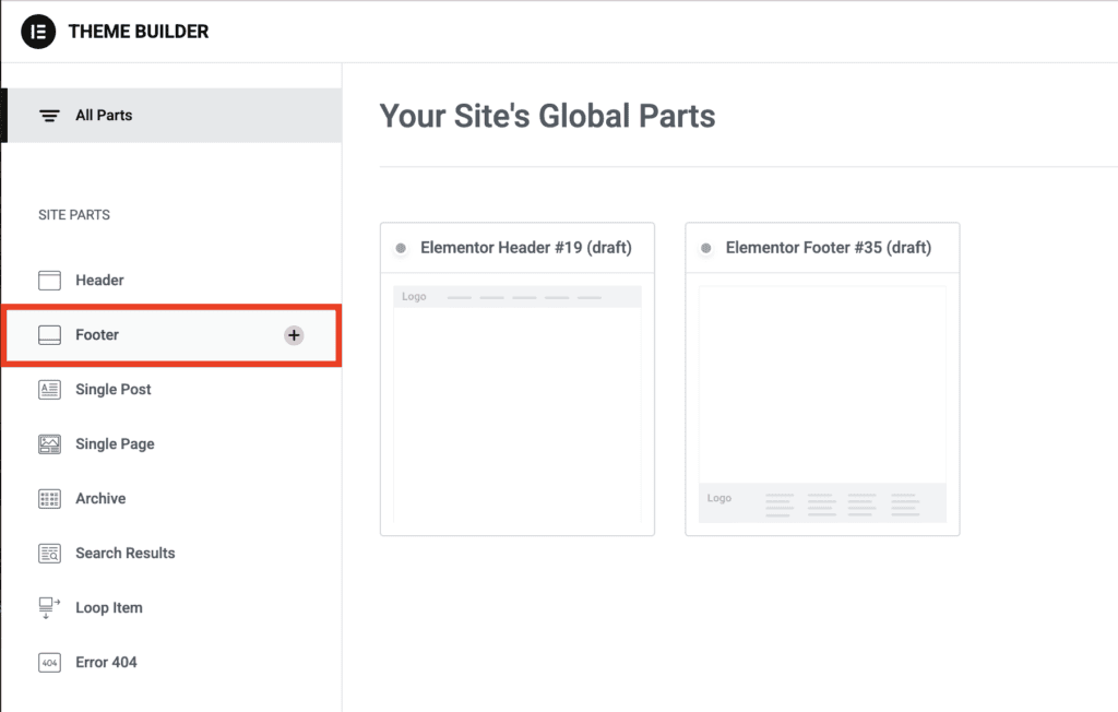 Interfaccia del Theme Builder di Elementor con l&rsquo;opzione Footer selezionata nella barra laterale sinistra per la personalizzazione
