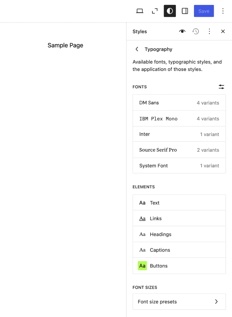 Opzioni di personalizzazione della tipografia nell&rsquo;editor del sito di WordPress.