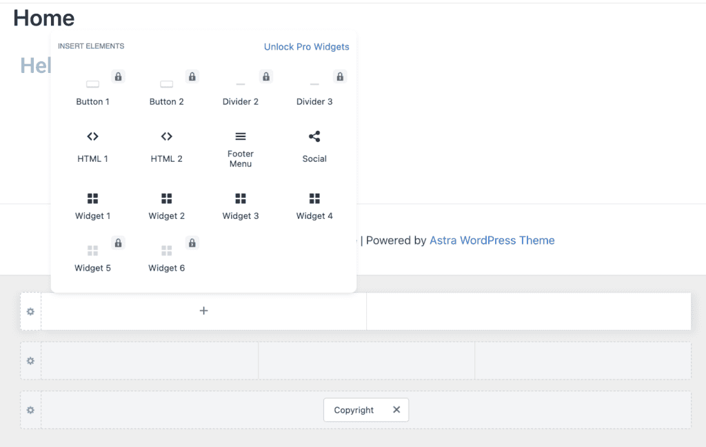 Customizer di WordPress con il tema Astra, che mostra le opzioni per aggiungere widget e pulsanti aggiuntivi nell&rsquo;area del footer