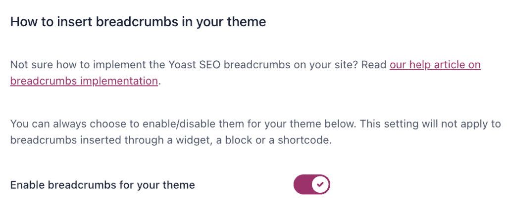 L&rsquo;impostazione &laquo;Abilita breadcrumb&raquo; del plugin Yoast SEO
