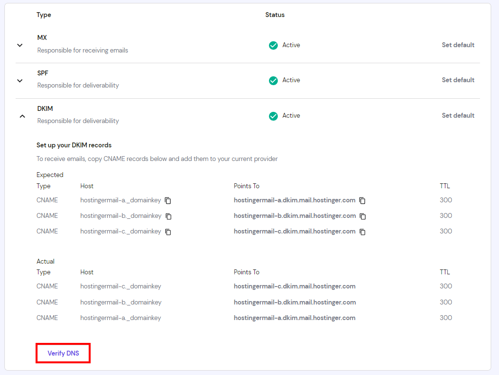 hPanelの「DKIM用DNSを確認」ボタン