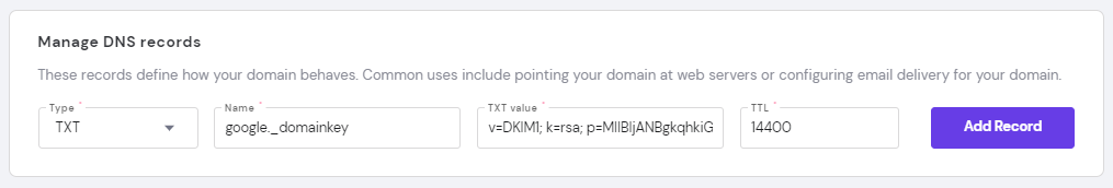 Manage DNS recordsセクションのスクリーンショット