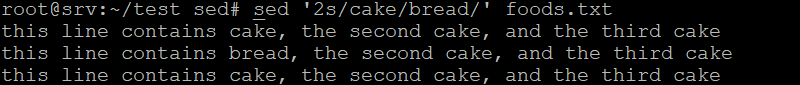 ターミナルの出力は、sedによって2行目の「cake」が「bread」に置き換えられたことを示しています。
