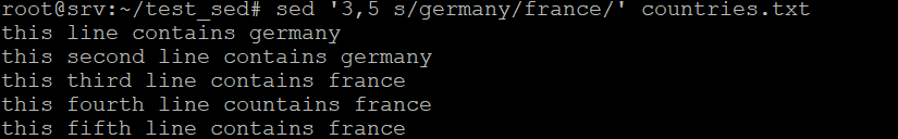 ターミナル出力に、3行目から5行目にあった「germany」が「france」に置き換えられたことが表示されています。