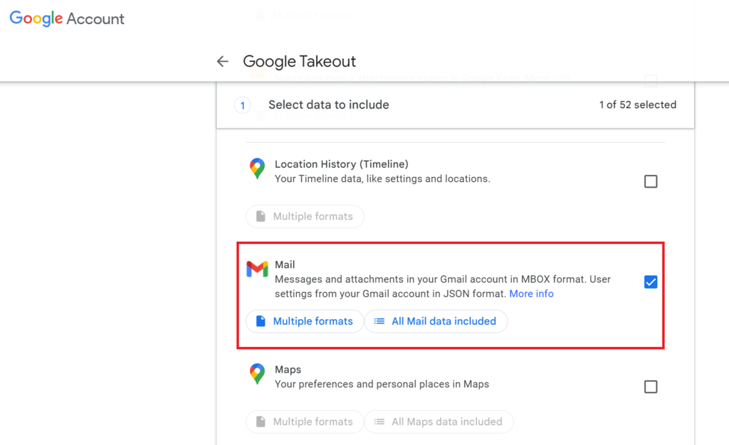 Google Takeoutで「メール」を選択している画面