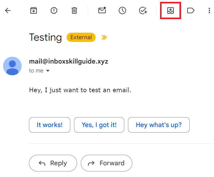 Gmailでアーカイブしたメールを受信トレイに戻している画面