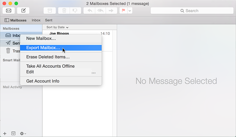 Macの「メール」アプリでメールボックスを書き出している画面