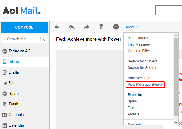 Aol Mailで「メッセージのソースを表示」する方法
