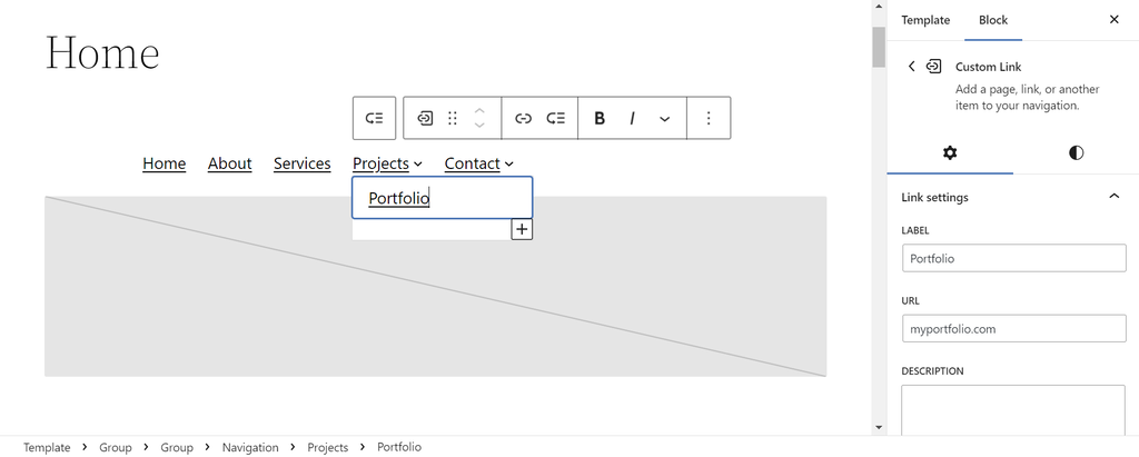 Site Editorで表示された「ポートフォリオ」メニュー項目のリンク設定