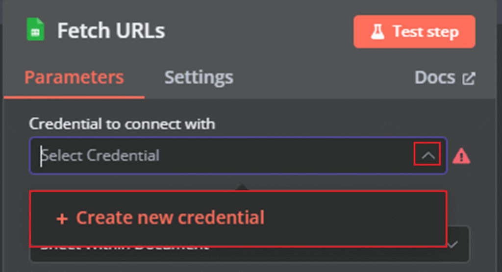 ノードで「Create new credential(新しい認証情報を作成)」オプションがハイライトされている画面
