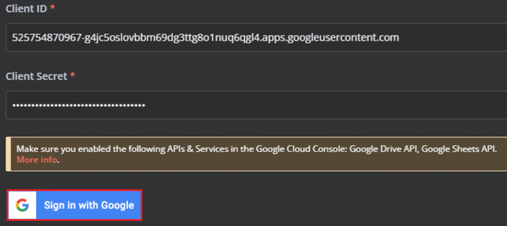 Client IDとClient Secretを入力すると表示される「Sign in with Google(Googleでログイン)」オプションがハイライトされている画面